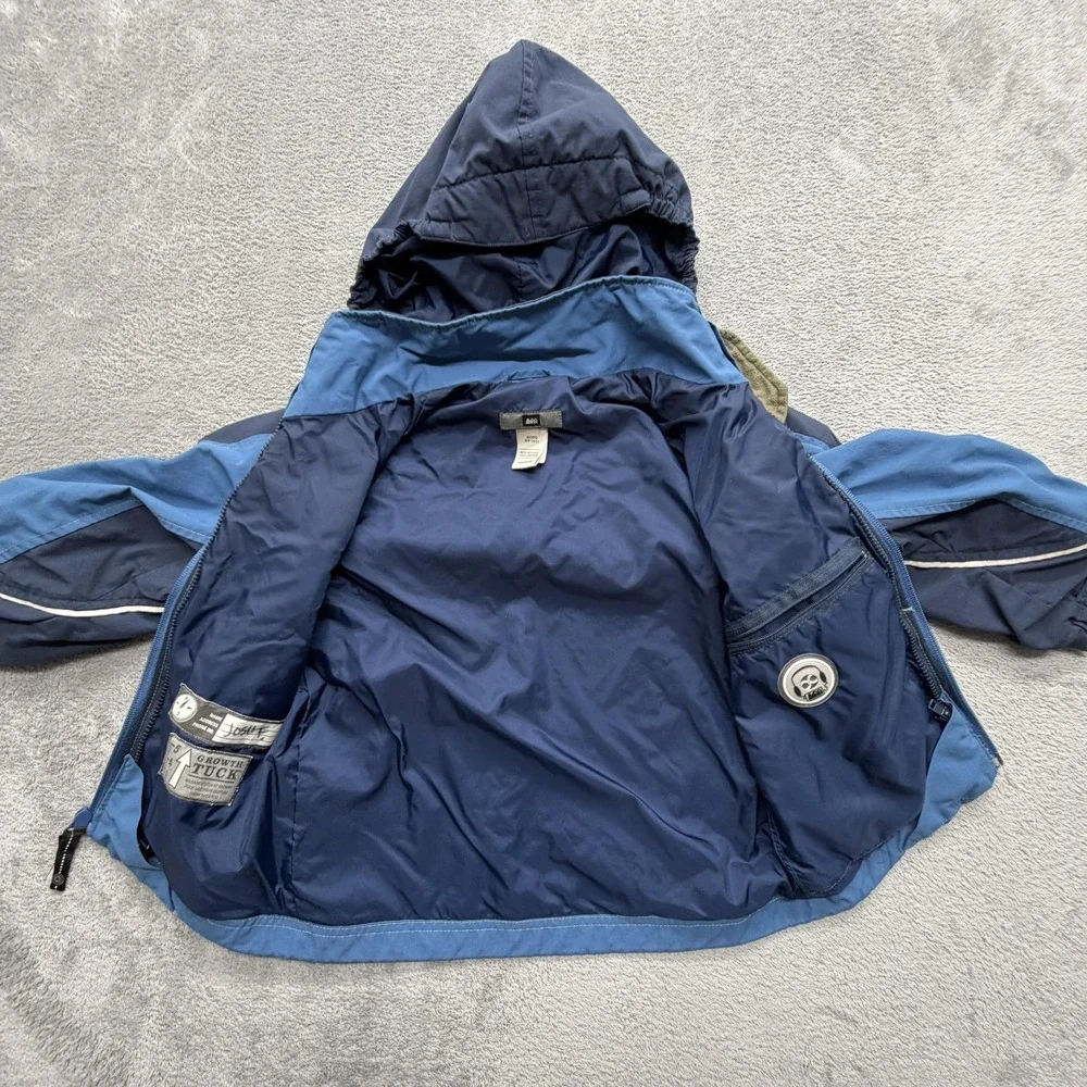 REI Jacket Boys XS 4/5 Blue Hooded Rain Coat Zip 100% Nylon Colorblock‎